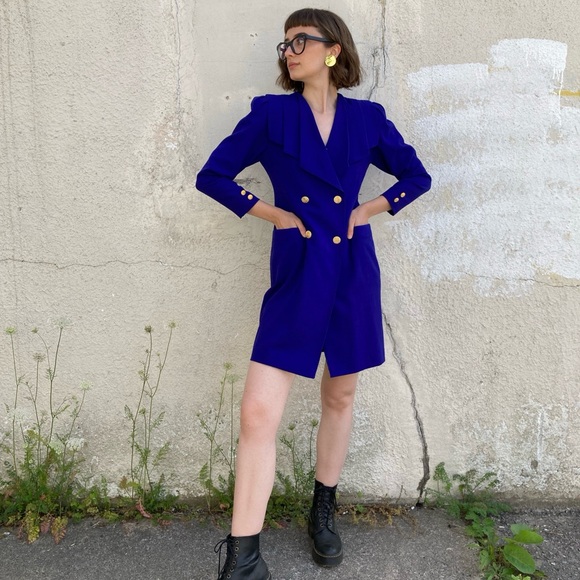 Dresses & Skirts - Vintage Blue Double-Breasted Pleated Dress